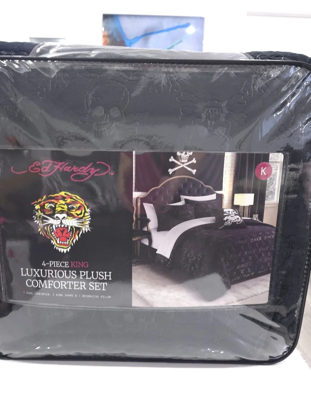 Ed Hardy KING 4-Piece Skull Embossed Black Comforter Set Set